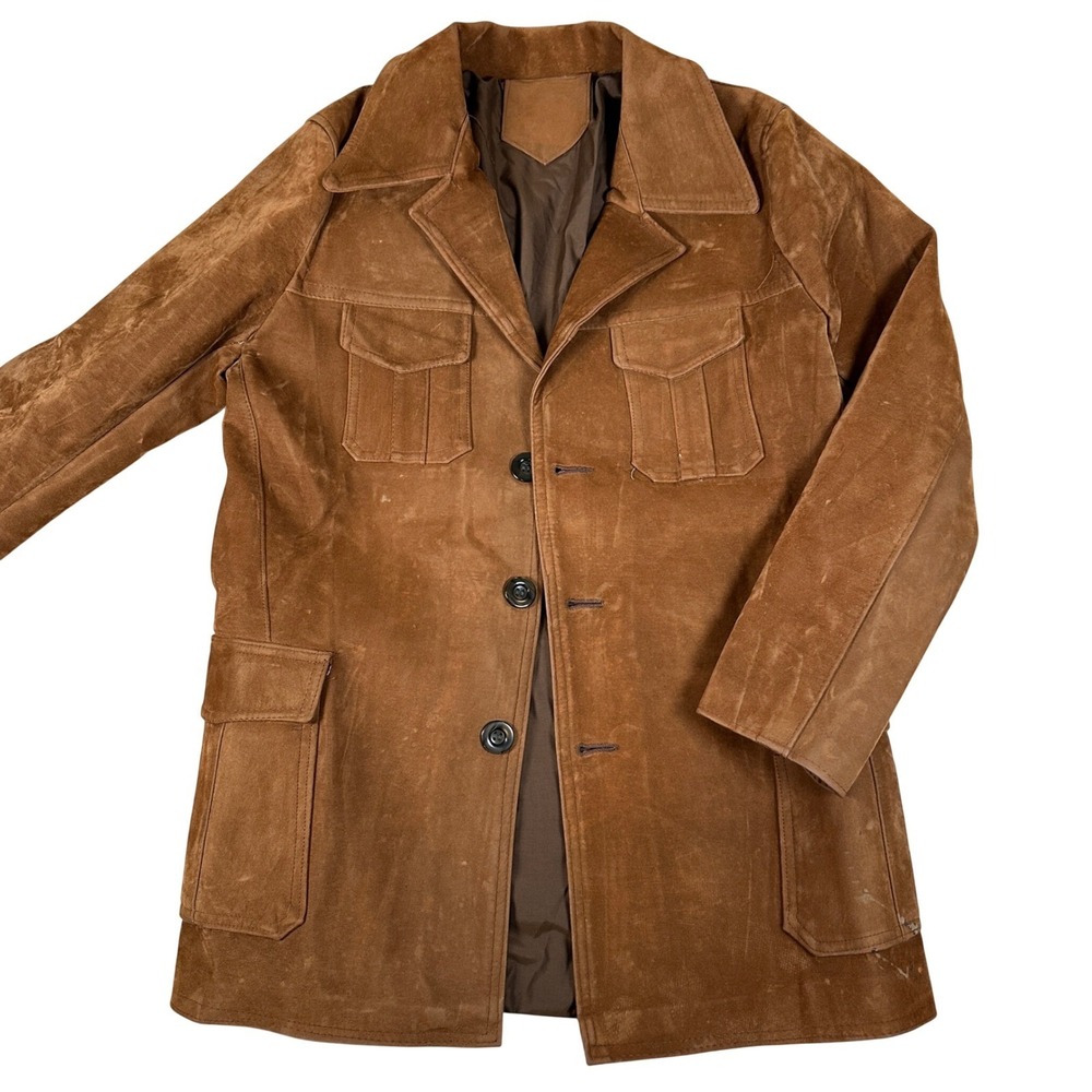 Vintage 70s style‎ Brown Faux Suede Leather Safari Field Jacket Distressed retro